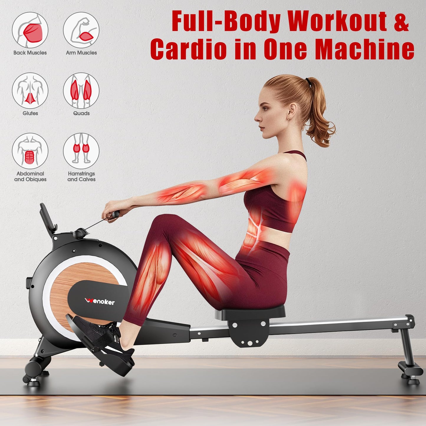 WENOKER Rowing Machine, Magnetic Rowing Machine for Home, Upgraded 32-Levels Quiet Resistance with Smart Electronic Knob, 350 LBS Weight Capacity, Compact Rower Machine Easy Assembly, App Supported