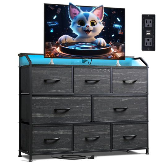 WLIVE Led Dresser for Bedroom, TV Stand for Bedroom with LED Lights and Power Outlet, Wide Chest of Drawers for Hallway, 8 Fabric Drawers for Living Room and Entryway, Charcoal Black Wood Grain Print
