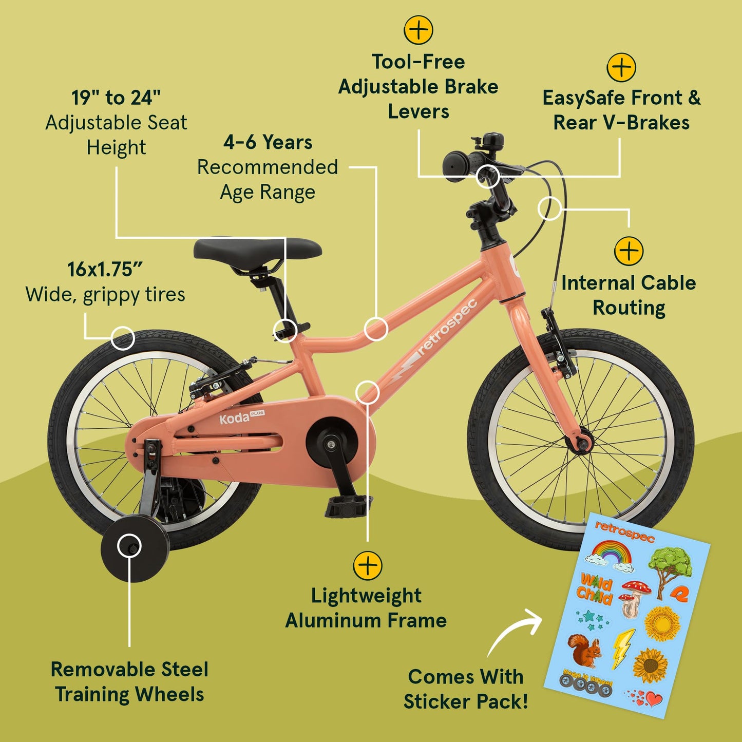 Retrospec Koda Plus 16in Kids Bike with Training Wheels - Adjustable Seat & Handlebars for Ages 4-6 - Lightweight 18.5lb Girls & Boys Bicycle with v-Brakes