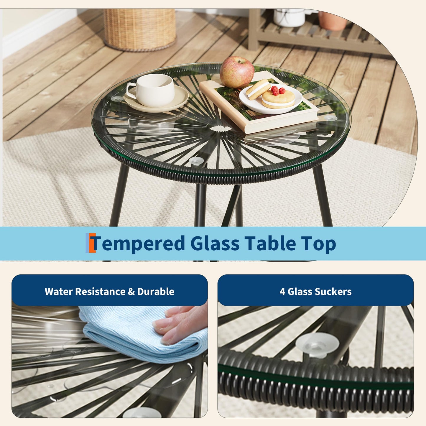 3 Piece Patio Bistro Set, Outdoor Acapulco Chairs Set of 2 with Glass Top Table, All Weather Modern Patio Chairs with Cushions, Patio Conversation Bistro Set for Deck, Backyard, Balcony, Porch, Black