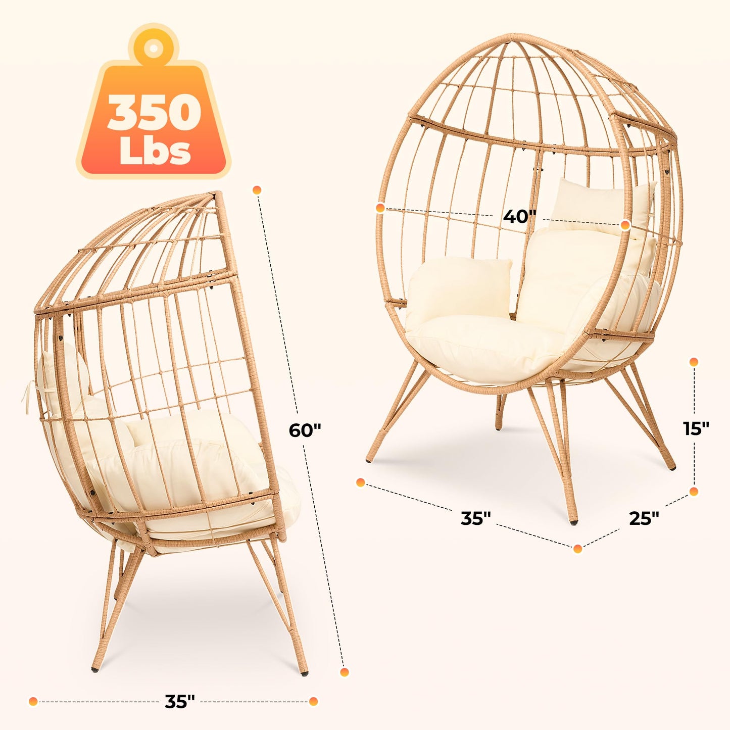 Wicker Egg Chair with Cushion,Outdoor Rattan Egg Basket Chair 350lbs Capacity Oversized Patio Lounge Chair for Living Room,Backyard,Balcony,Beige