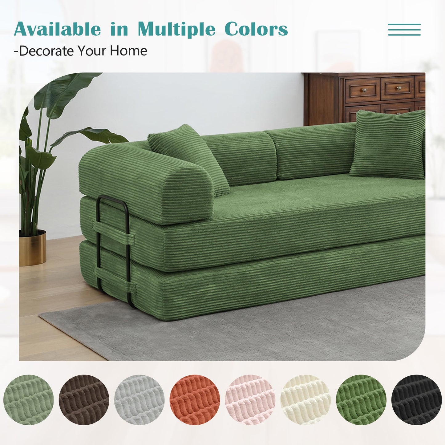 78'' Convertible Floor Sofa Bed, Comfy Foldable Sofa Bed, Modular Sectional Fold Couch with 2 Pillows and Fixed-Shape Frame, Lounge Couch for Living Room Bedroom Lounge Studio (A-Green)