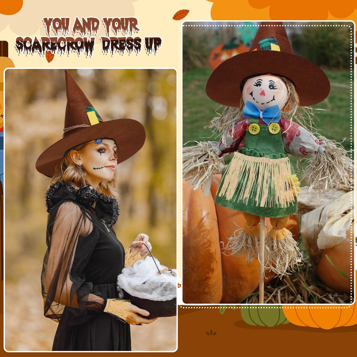 XEPST Halloween Scarecrow Costume for Women - 7PCS Accessories Set With Hat, Raffia Straw Kit, Face Decor for Adults Cosplay Fancy Dress Up