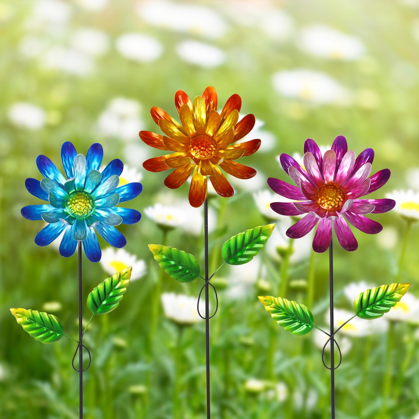Voltogar Metal Flower Garden Stake for Outside, 3 Pcs 16" H Outdoor Garden Stakes Decor, Yard Outdoor Ornaments for Patio, Lawn, Patio(Yellow & Purple & Blue)