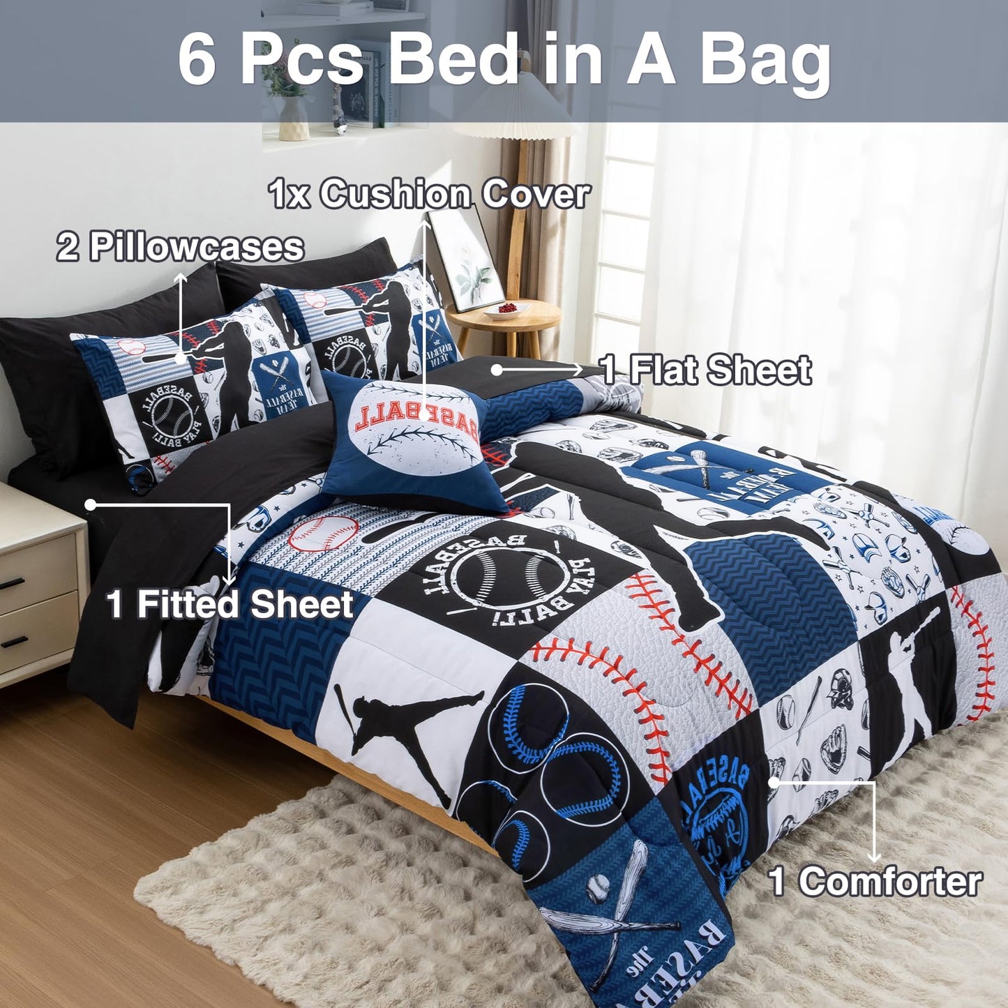 A Nice Night Sports Geometric Grid Black Patchwork Baseball Printed for Boys Twin 6Pcs Bed in A Bag Comforter Bedding Set,Blue