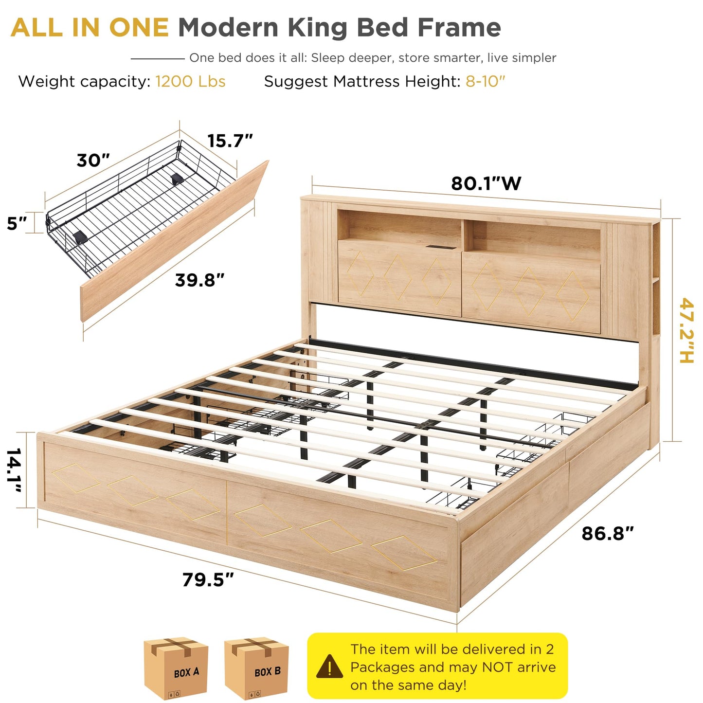 ACCOHOHO Modern King Size Bed Frame with 47" Tall Storage Headboard, 4 Drawers, Charging Station, Led Light, Wood Platform Bed with Solid Wood Slats, Noise Free, No Box Spring Needed, Natural Oak