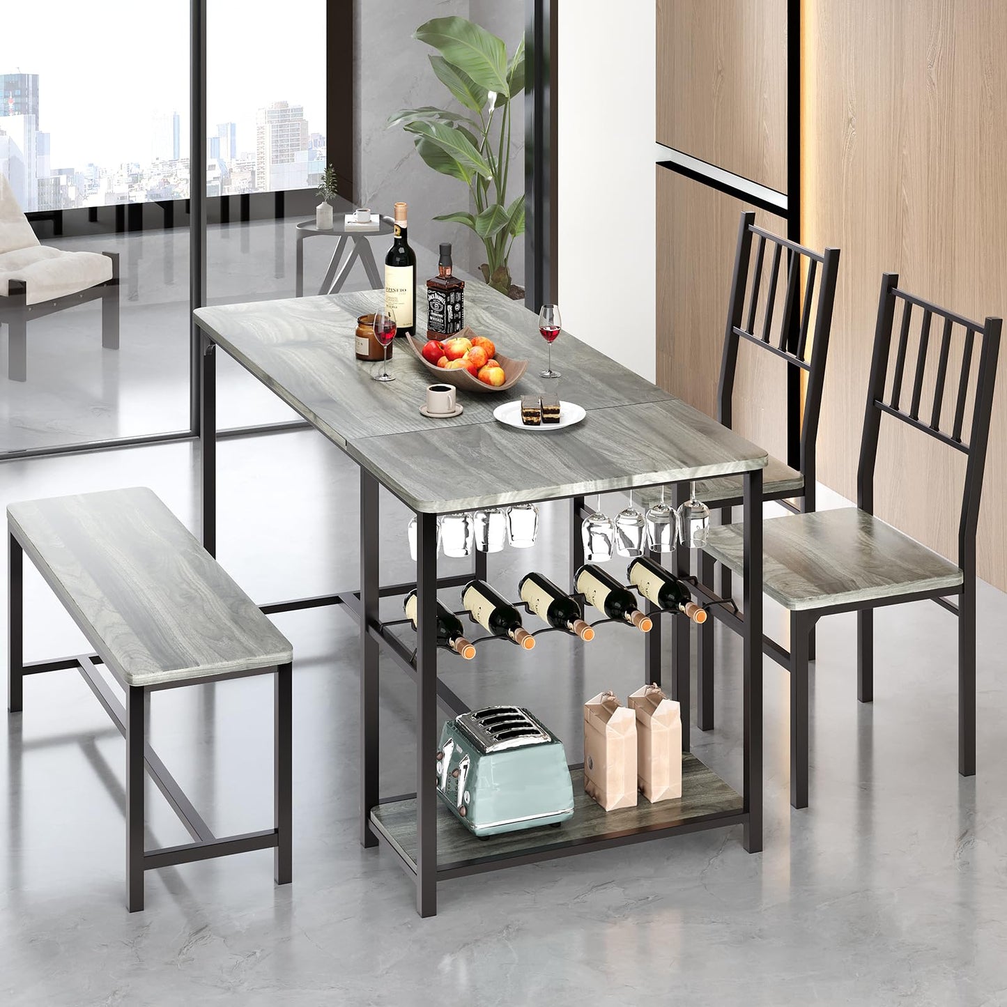 4 EVER WINNER Dining Room Table Set for 4, 55" Kitchen Table Set with Storage Shelf, Wine Rack & Wine Glasses Holder, Dining Table Set with 2 Chairs and Bench for Dining Room, Kitchen, Grey
