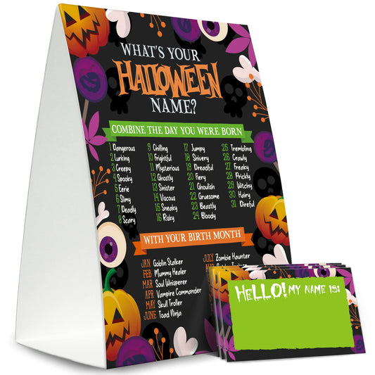 What's Your Halloween Name Game (1 Standing Sign + 50 Name Sticker Cards), Halloween Birthday Party Decorations, Halloween Party Game, Halloween Sign - MGJ10