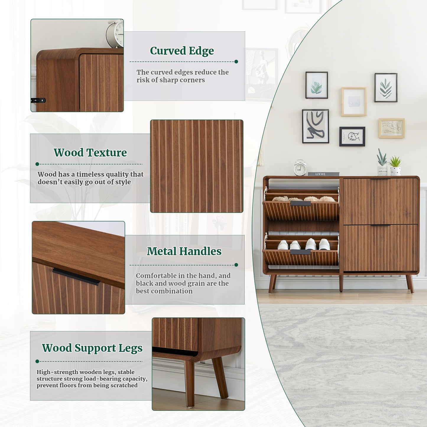 47" Fluted Large Shoe Cabinet with 4 Flip Drawers, Slim Freestanding Shoe Cabinet Organizer, Narrow Shoes Storage Rack for Entryway, 5 Sturdy Legs (Walnut, 9.45" D x 47.24" W x 35.83" H)