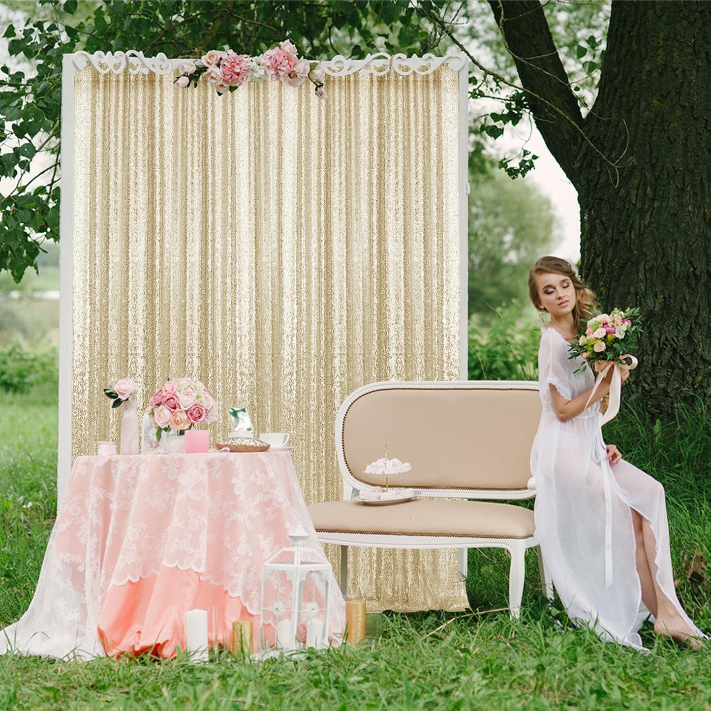 2×8FT-2PCS Champagne Gold Sequin Backdrop Curtains Panels, Photography Backdrop Glitter Curtains Fabric Background for Christmas Wedding Party Decor
