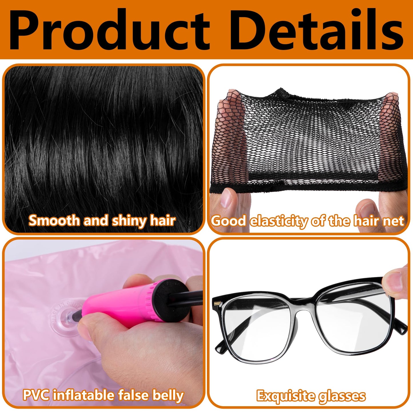 Wehhbtye 9 Pcs Halloween Criminal Costume Accessories, Mushroom Cut Wig and Black Frame Glasses, Inflatable Fake Belly Cosplay for Halloween Theme Party Role Play (NOT Include Orange Jumpsuit)