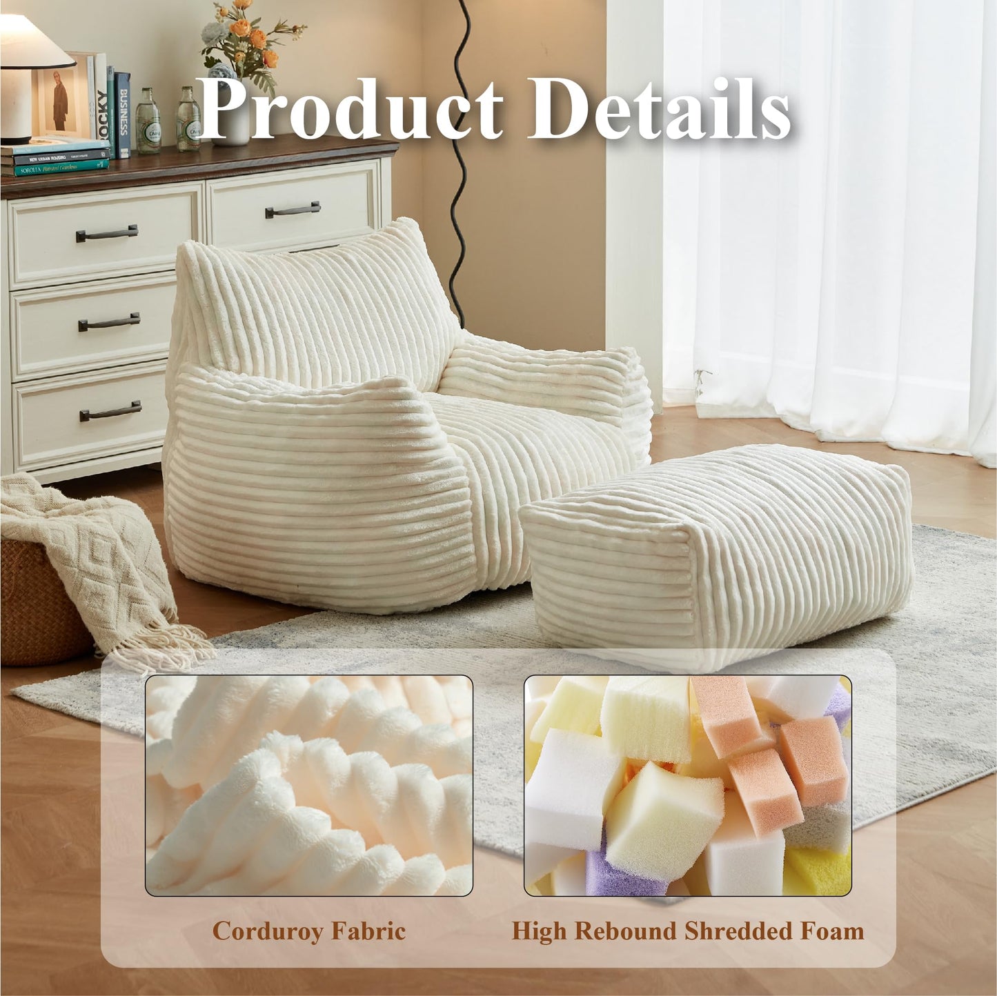 XOFUGEM Premium Beige Bean Bag Chair for Adults with Armrest- Ultra Plush Memory Foam Lounge Sofa & Comfy Reading Nook Chair for Bedroom, Living Room & Dorm (White, with Footrest)