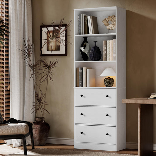 White Bookshelf with Storage, 71" Tall Bookcase with Drawers, Wooden Bookshelf Display Cabinet with 3 Drawers and 3-Tier Shelves, Home Decor Furniture for Living Room, Bedroom, Kitchen, Home Office