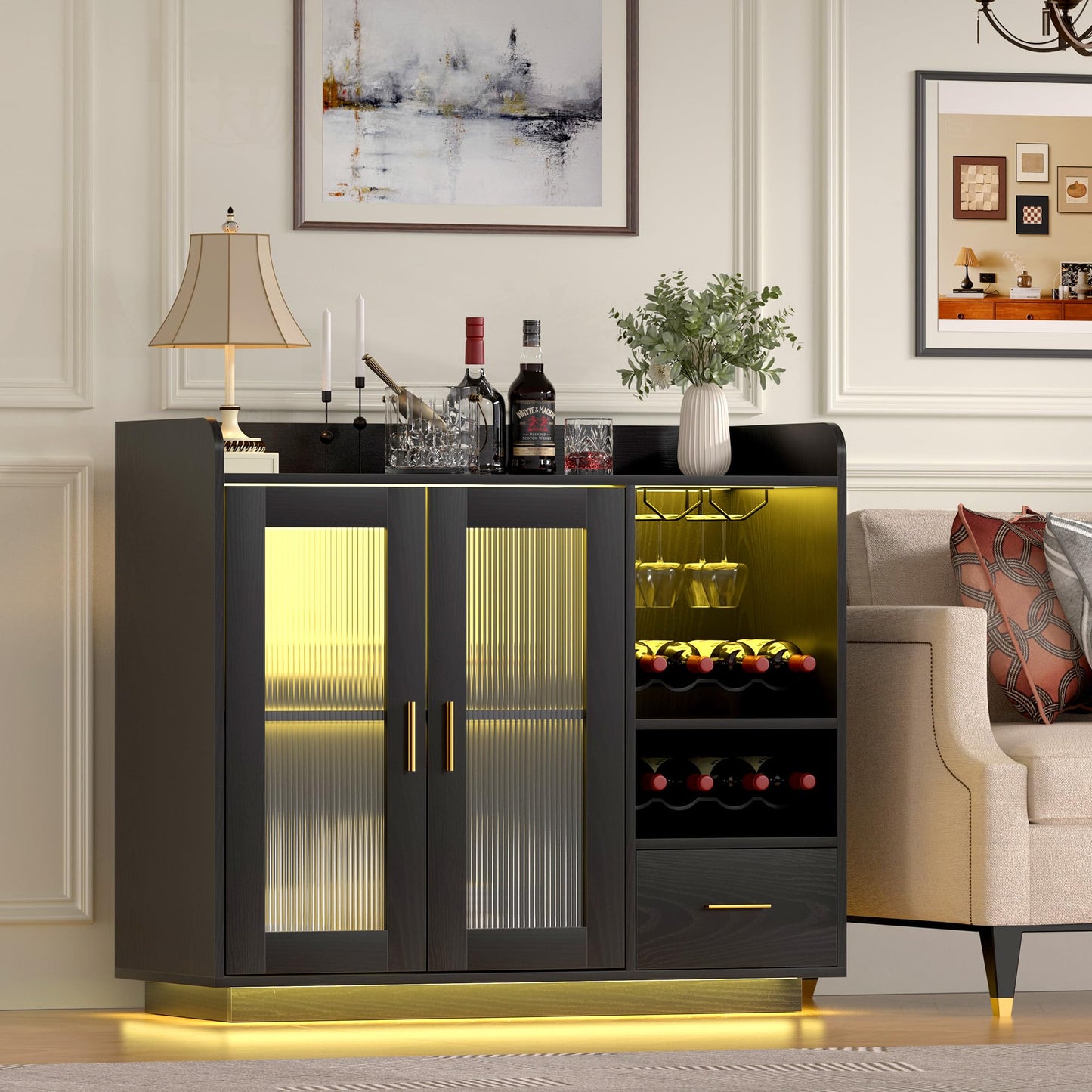 Wine Bar Cabinet with LED Light, Floating Coffee Cabinet with Wine and Glass Rack, Kitchen Buffet Sideboard with Glass Doors and Drawer, Modern Liquor Cabinet for Home, Kitchen, Living Room, Black