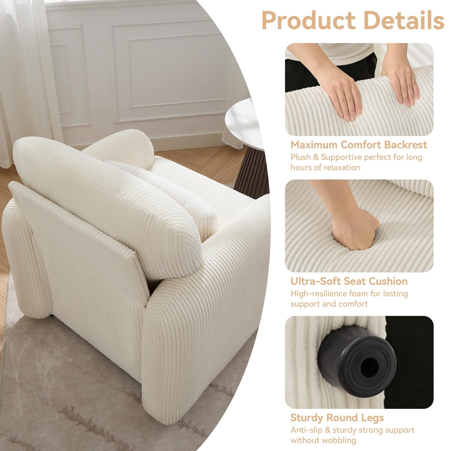 WUTUTUEE Corduroy Fabric Accent Chair, Modern Upholstered Living Room Chairs with Lumbar Pillow, Wide Comfy Leisure Armchair for Bedroom, Office, Reading, White