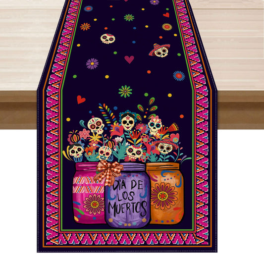 XCHI Vases Sugar Skull Flowers Dia De Los Muertos Table Runner Day of The Dead Mexican Table Decoration for Home Kitchen Dining Holiday Fiesta Themed Party Decor 13x72 Inch