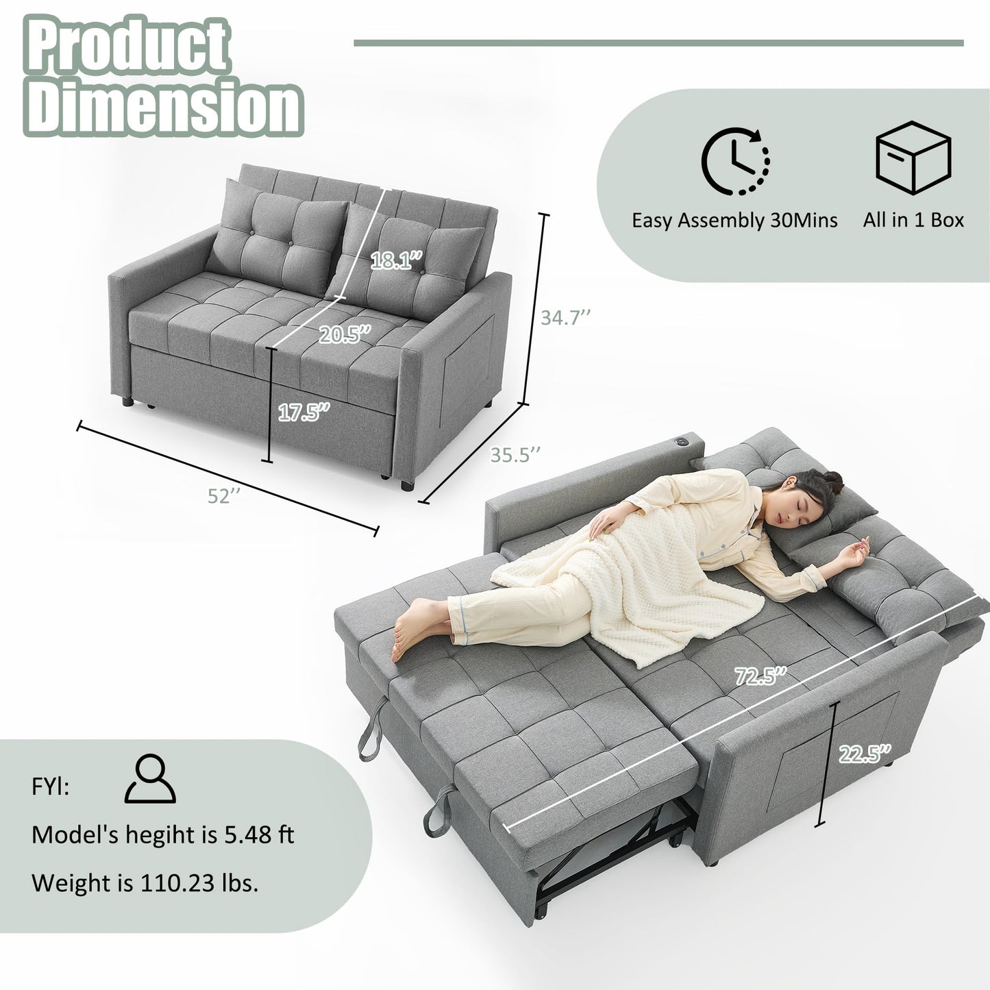 52" Sleeper Sofa with Pull-Out Bed, 3-in-1 Convertible Sofa Bed, Loveseat with Stepless Adjustable Backrest and Side Pocket, for Living Room Dorm Apartment, Linen, Light Gray