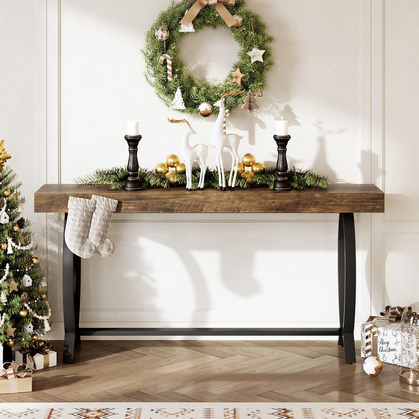 1Easylife 70.87 Inches Extra Long Console Tables for Entryway, Large Sofa Table Behind Couch, Rustic Brown Wooden Console Sofa Tables with Metal Fish-Shaped Legs for Living Room, Foyer Hallway Table