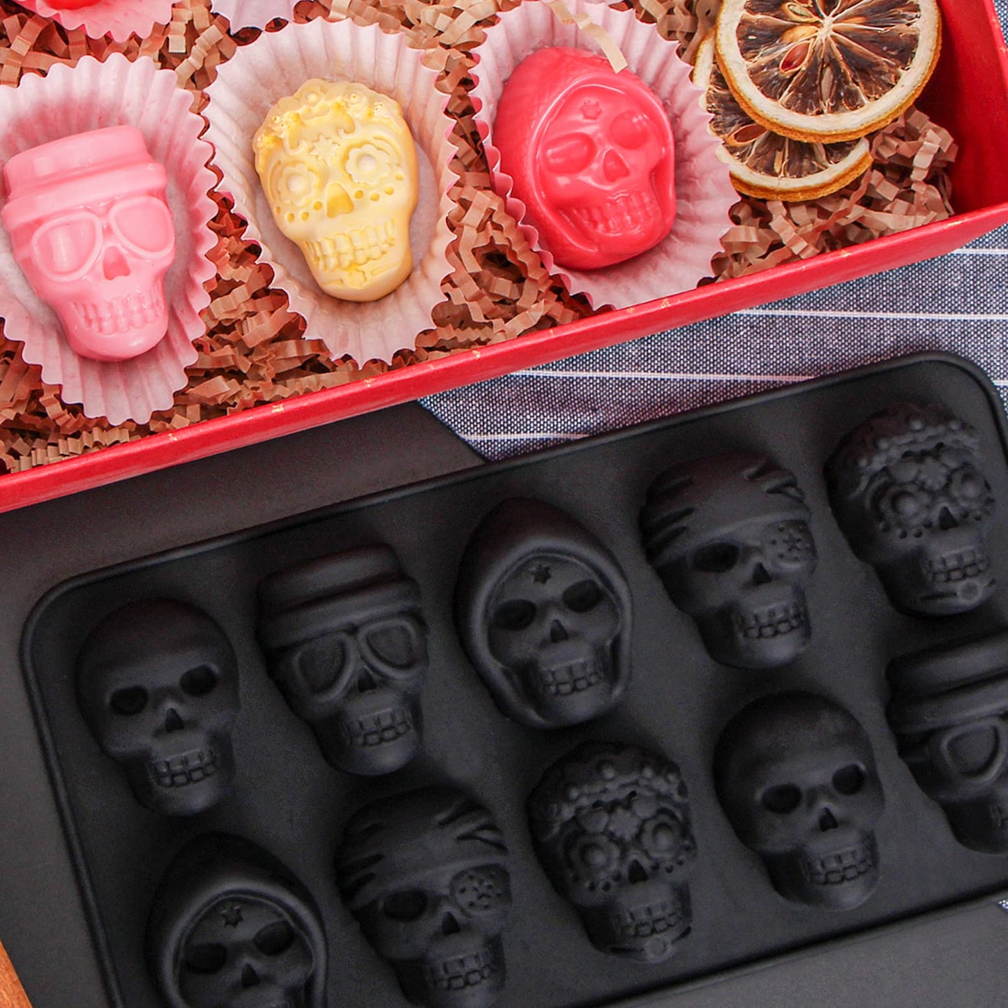 Webake Skull Chocolate Mold with 5 Different Shapes, Silicone Skeleton Mold for Halloween Chocolate, Candy, Jello, Ice, Cube, Treats, Pack of 2
