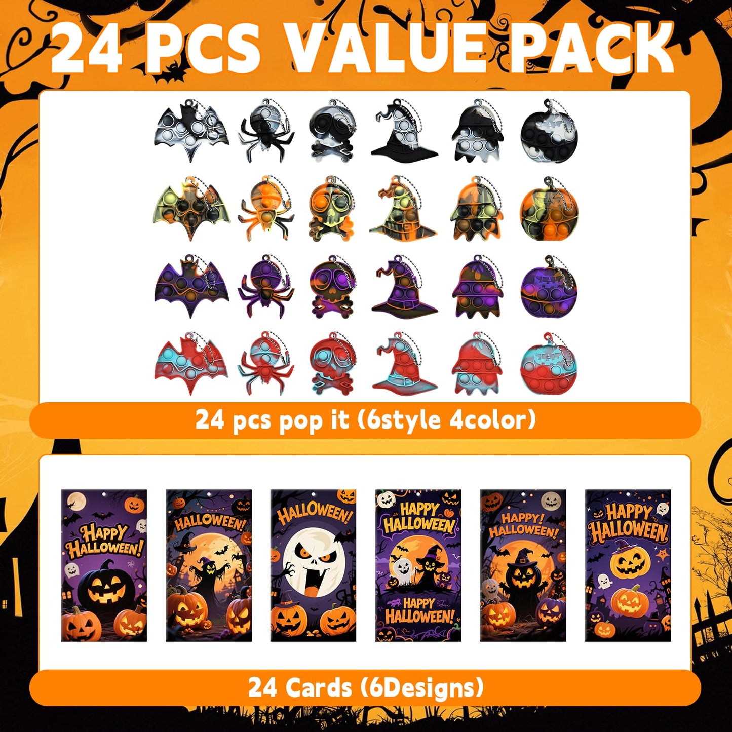 24Pcs Halloween Mini Pop Keychain Fidget Toys with 24 Cards, Halloween Party Favors Supplies, Silicone Mini Pop Toys Bulk for Kids Anxiety Stress Reliever for Adults