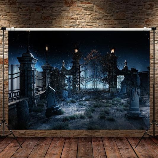 7 x 5 FT Halloween Graveyard Backdrop - Large Eerie Night Scene, Creepy Cemetery Gravestones Design Wall Hanging Background, Spooky Photography Photo Booth Props for Indoor Outdoor Party Decorations