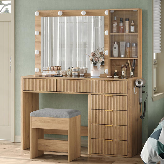 Yanosaku 7 Drawers Fluted Vanity Desk with Charging Station, 47'' W Makeup Vanity with LED Lights and HD Mirror, 3 Lighting Modes Adjustable, Glass Top, Vanity Set for Bedroom, Natural