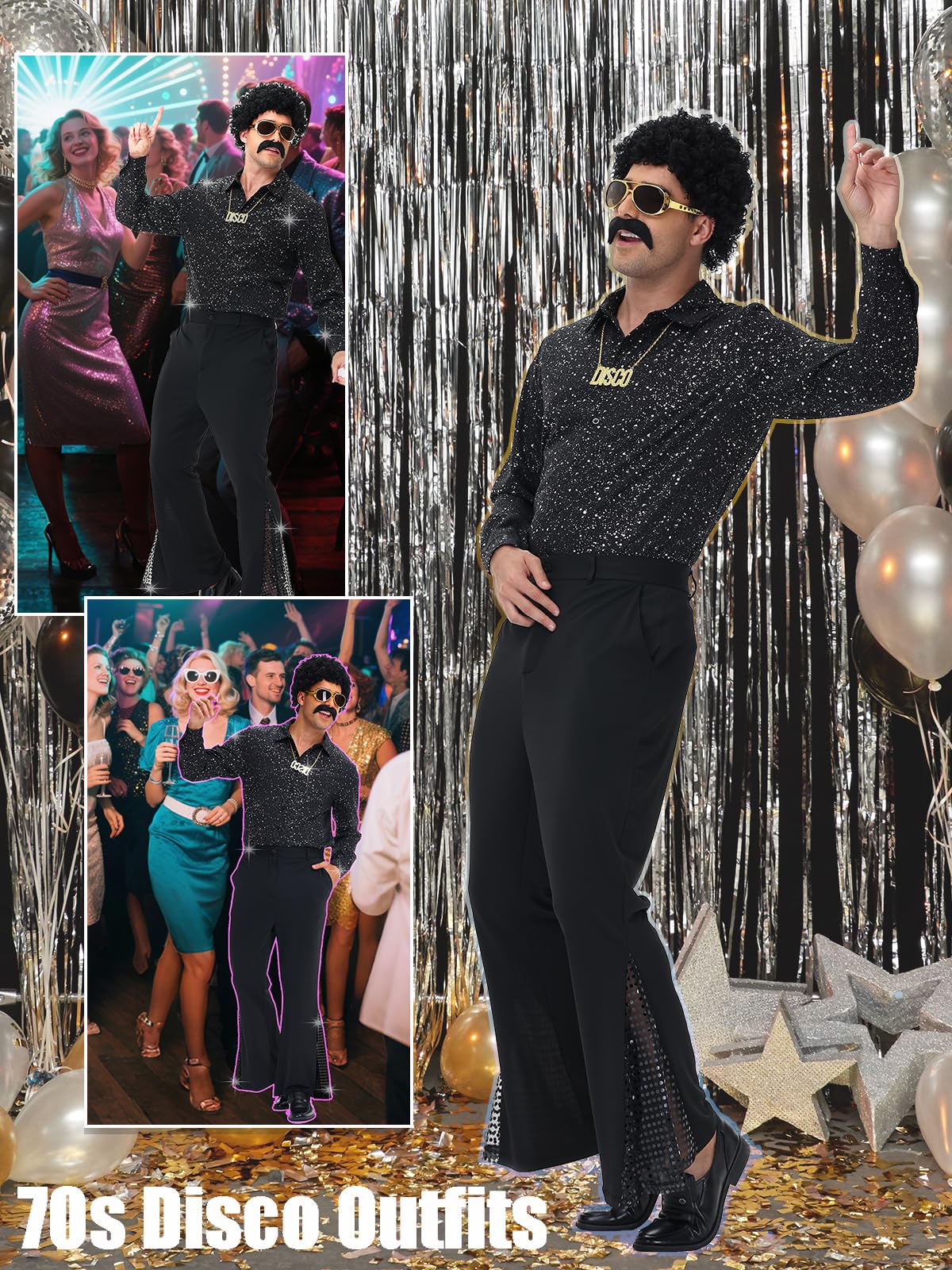 70s Outfits for Men, 7Pcs Mens Disco Costume Retro Shirt Bell Bottom Pants Wig Sunglasses Necklace Wig Cap for Disco Party