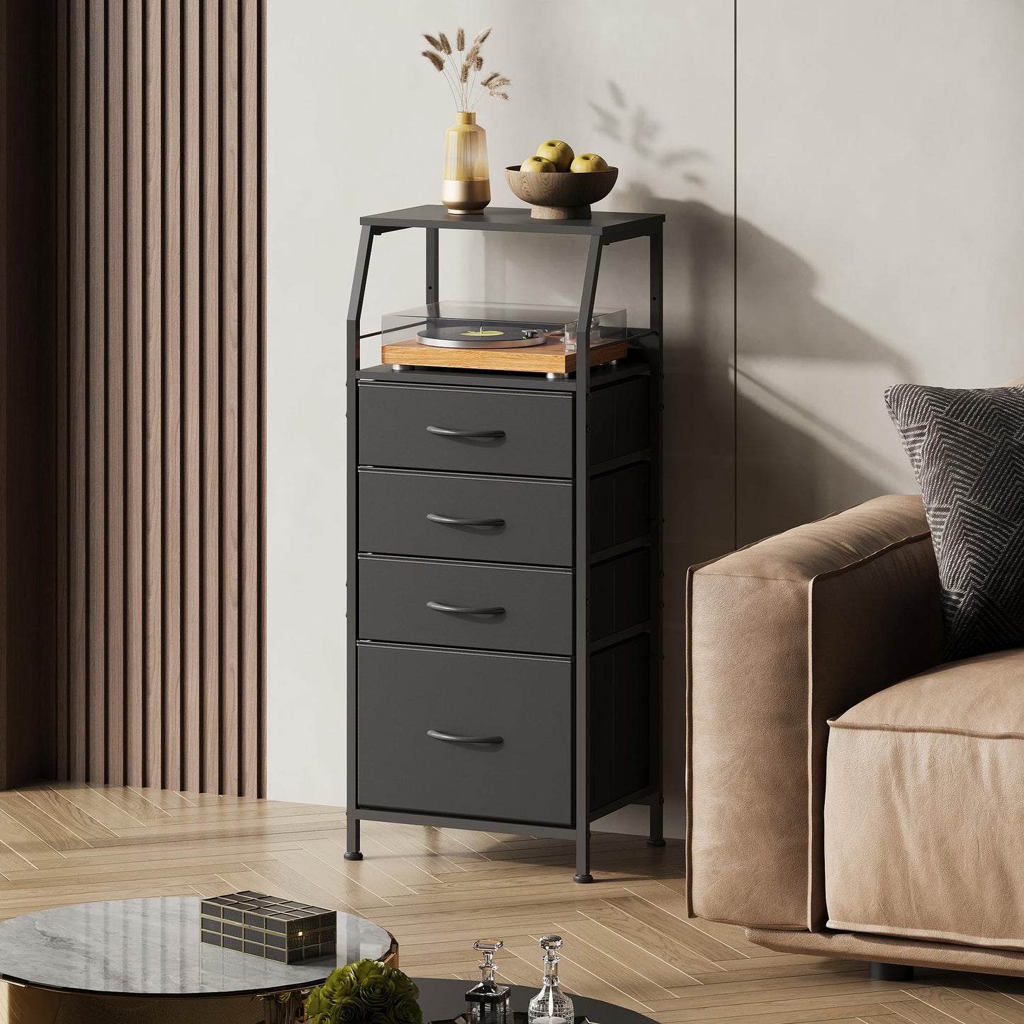 WLIVE Tall Nightstand with 4 Fabric Drawers & Open Shelf, Bedside Table for Bedroom, Modern Tall Dresser, Classic Black