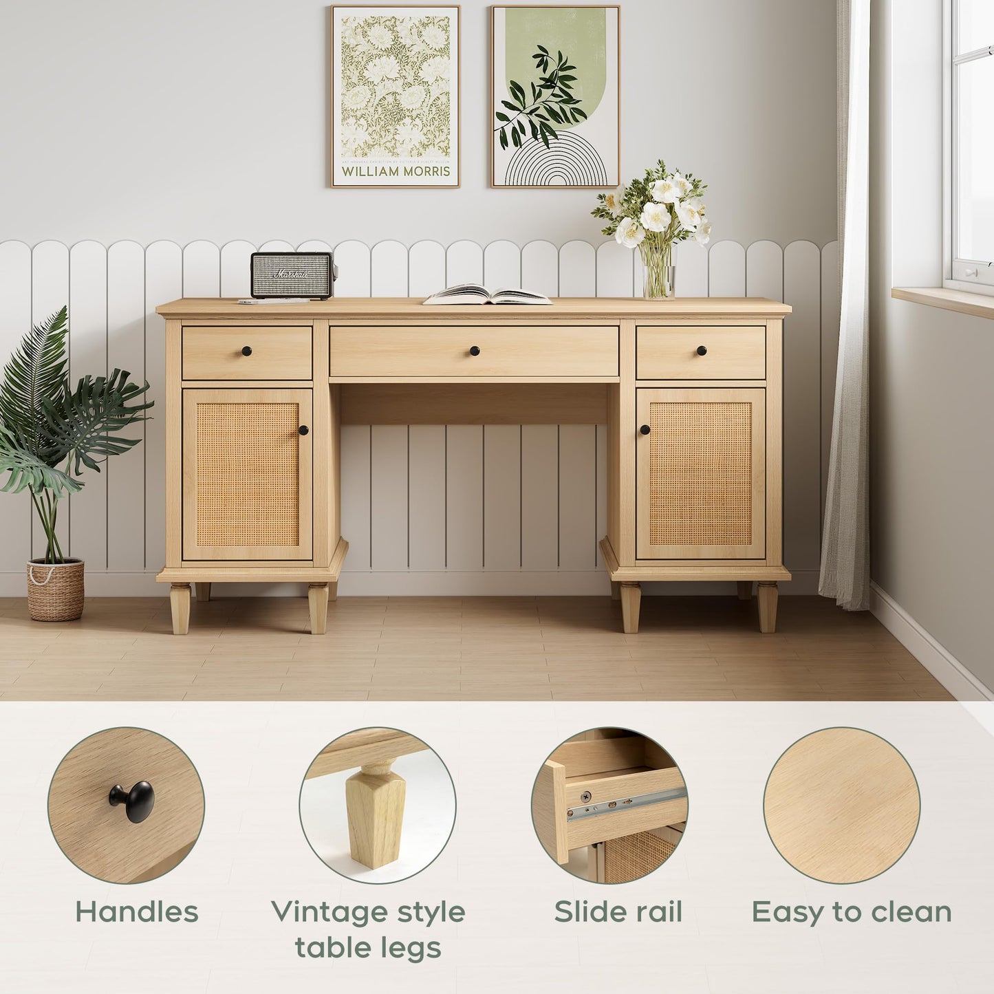 Yechen 58" Modern Executive Desk with Natural Rattan Door, Boho Writing Desk with 3 Drawers & 2 Cabinet for Study, Work, Computer, Golden Oak