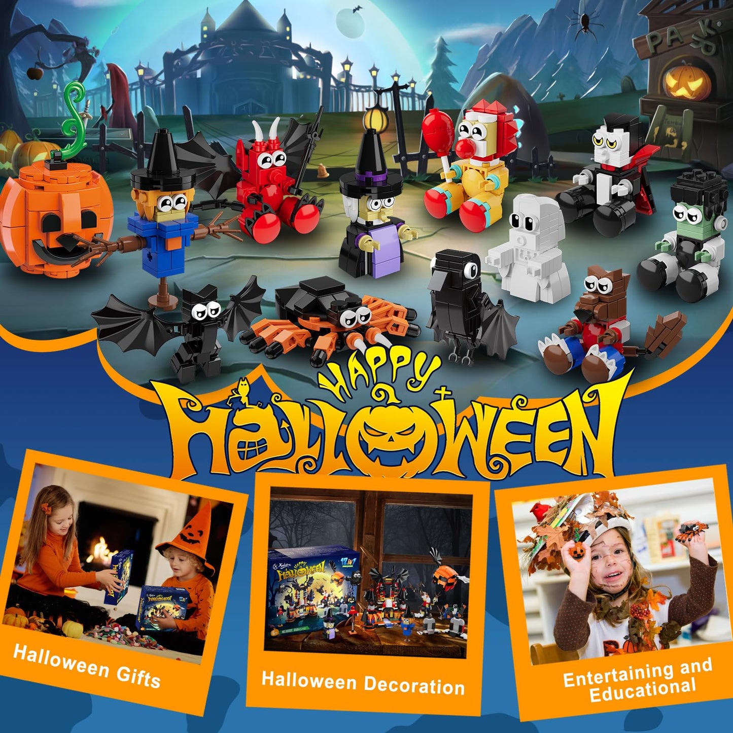 Xalvitra Halloween Party Favors Toys for Kids,Halloween Haunted House 12 in 1 Building Blocks Set Gift 668PCS,Halloween Mini Cute Bricks Pcs Goodie Bags Fillers Classroom Prizes Boys or Girls 6-12