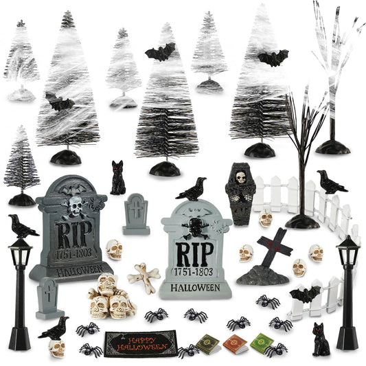 49 Pcs Miniature Halloween Village Accessories Set - Miniature Halloween Figurines, Ornaments, Bare Branches, Tombstones, Skeleton, Fake Spiders - Party Decor