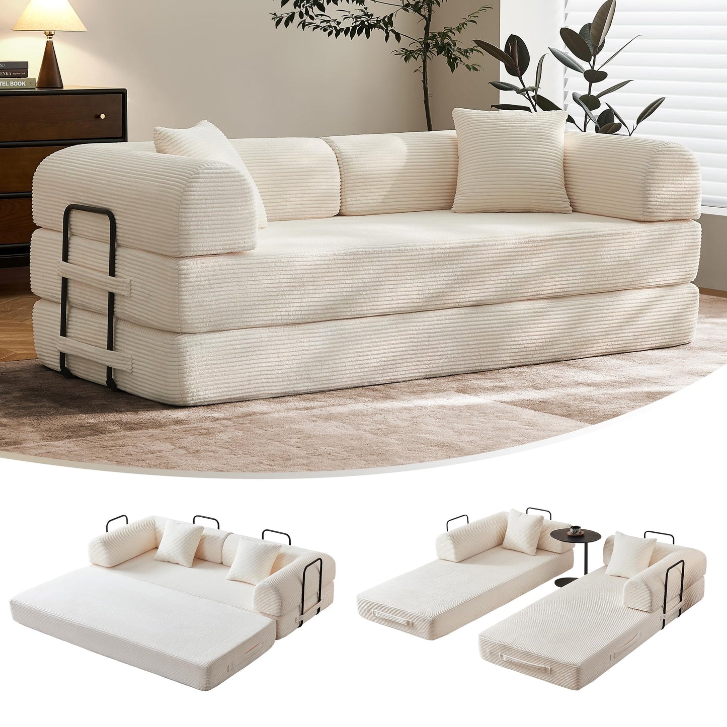 79" Convertible Sofa Bed with Fixed-Shape Frame & Removable Armrests, Modular Corduroy Sleeper Sofa, Folding Mattress Couch for Small Spaces - No Assembly Needed in White (Includes 2 Pillows)