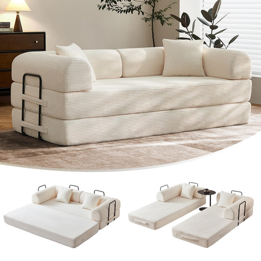 79" Convertible Sofa Bed with Fixed-Shape Frame & Removable Armrests, Modular Corduroy Sleeper Sofa, Folding Mattress Couch for Small Spaces - No Assembly Needed in White (Includes 2 Pillows)