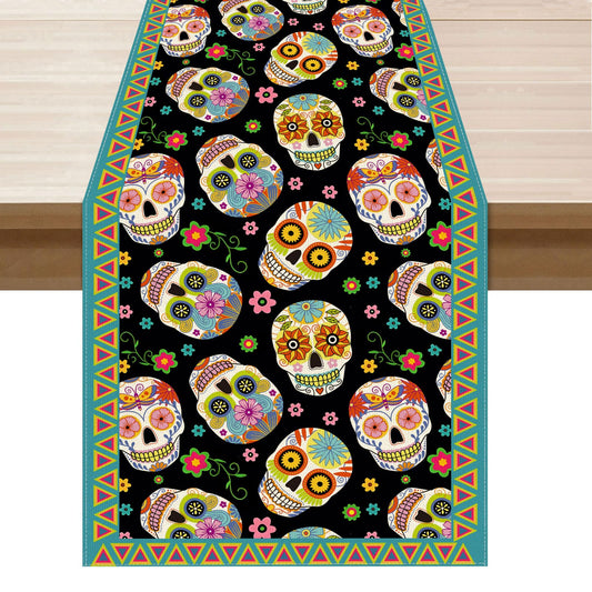XCHI Sugar Skull Flowers Dia De Los Muertos Table Runner Day of The Dead Mexican Table Decoration for Home Kitchen Dining Holiday Fiesta Themed Party Decor 13x72 Inch