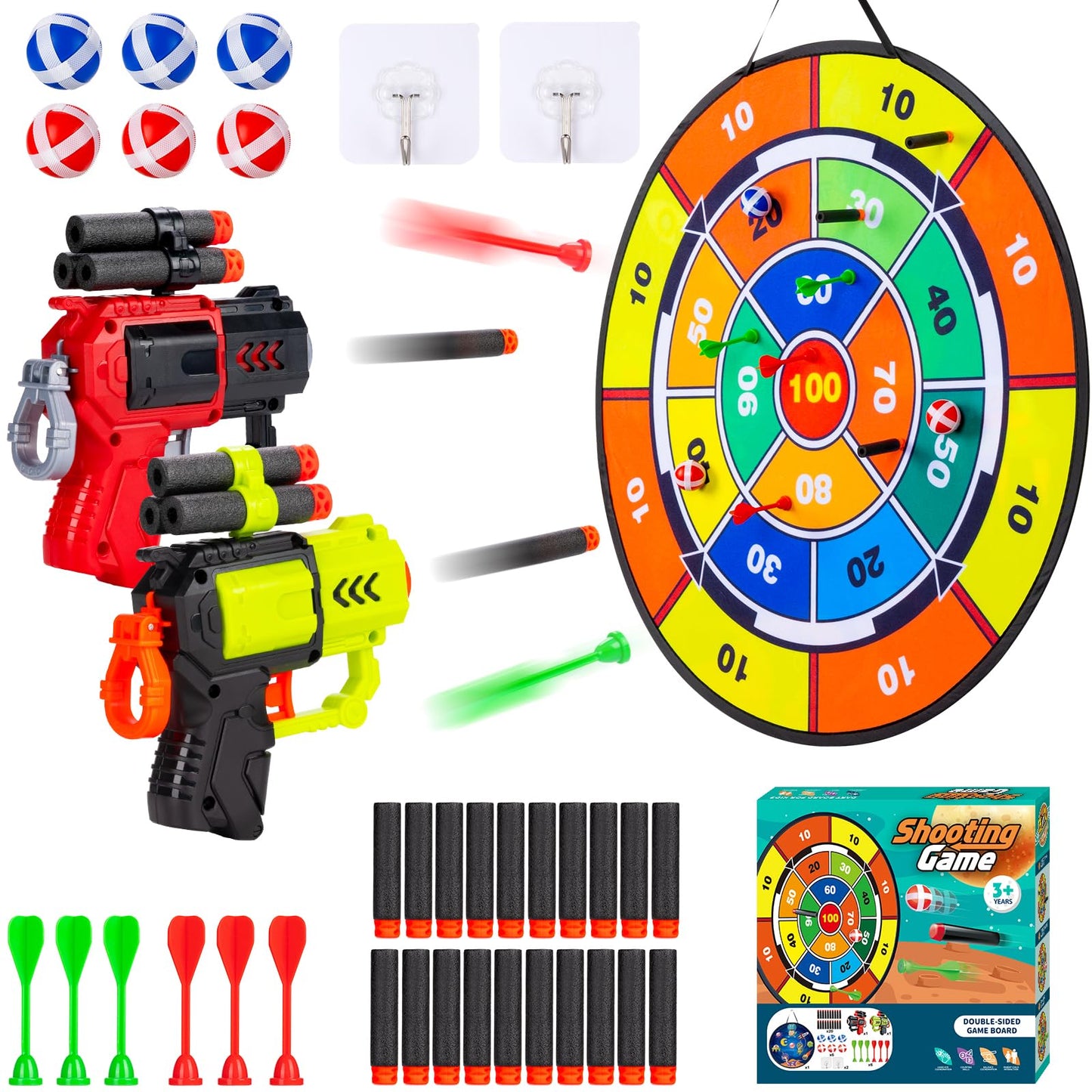 29" Dart Board for Kids - Double Sided Shooting Games with 2 Toy Guns, 6 Sticky Balls and Darts, Indoor Outdoor Party Sport Toys for 3 4 5 6 7 8 Years Old Boys Girls