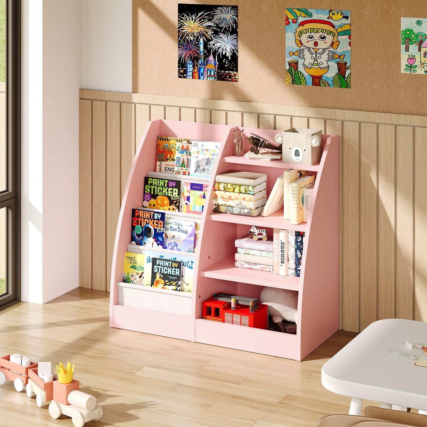 4 Tier Kids Bookshelf,4 Layer Sling Kids Book Shelf for Kids Rooms,Wood Children Bookcase,Baby Storage Book Rack,Toddler Bookshelf, Book and Toy Organizer,Book Display Shelf for Bedroom, Nursery