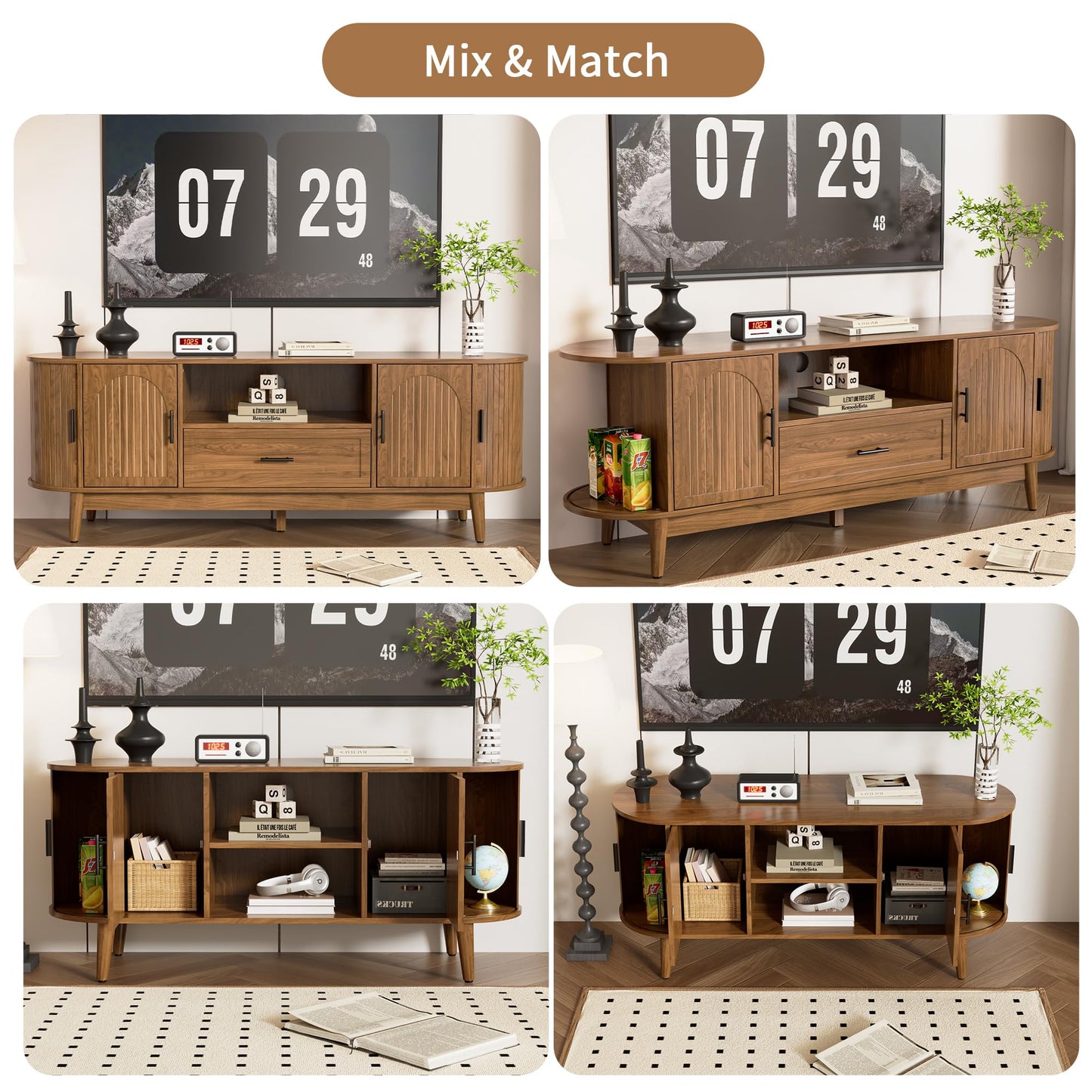 63" Fluted TV Stand for Tvs up to 70", Mid-Century Modern Entertainment Center with Drawers and Fluted Doors, Curved TV Media Console Table with Sliding Doors for Living Room, Bedroom (63")