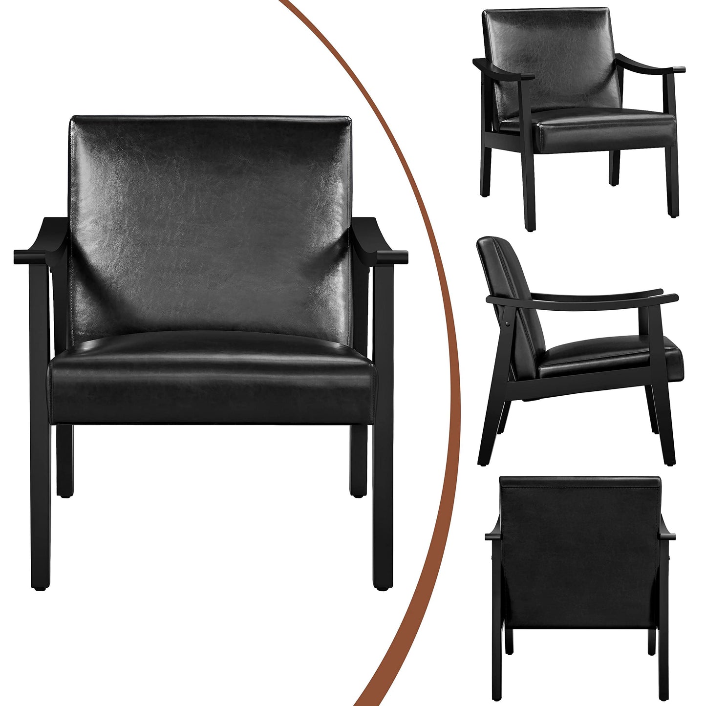 Yaheetech PU Leather Accent Chair, Mid-Century Modern Armchair with Solid Wood Legs, Reading Leisure Chair with High Back for Living Room Bedroom Waiting Room, 2 Pieces, Black