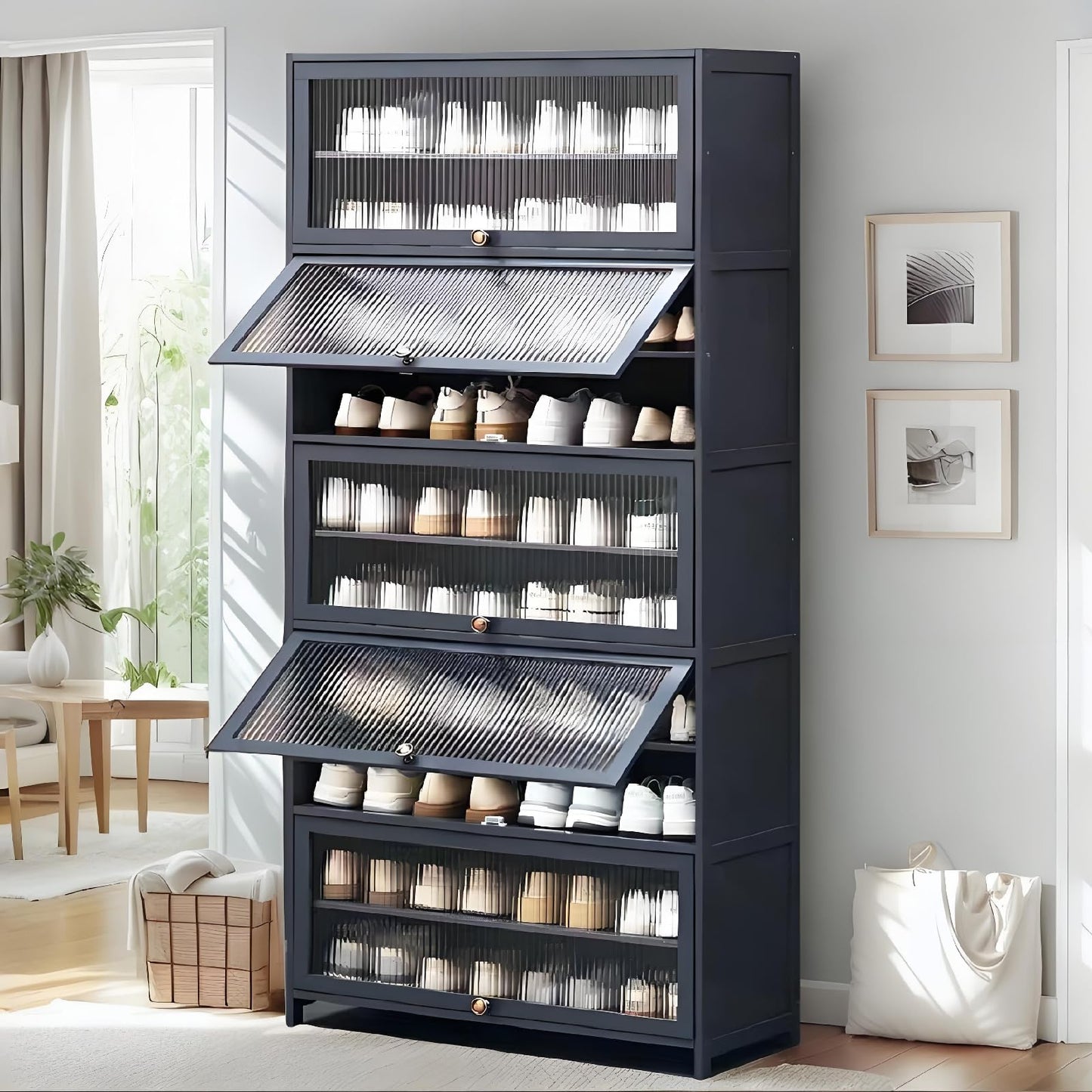 Voclym Tall Shoe Cabinet with Clear Doors, Large Capacity Bamboo Shoe Cabinet, 40-45 Pairs Shoe Rack Organizer for Closet Entrance, Hallway, Living Room, Bedroom