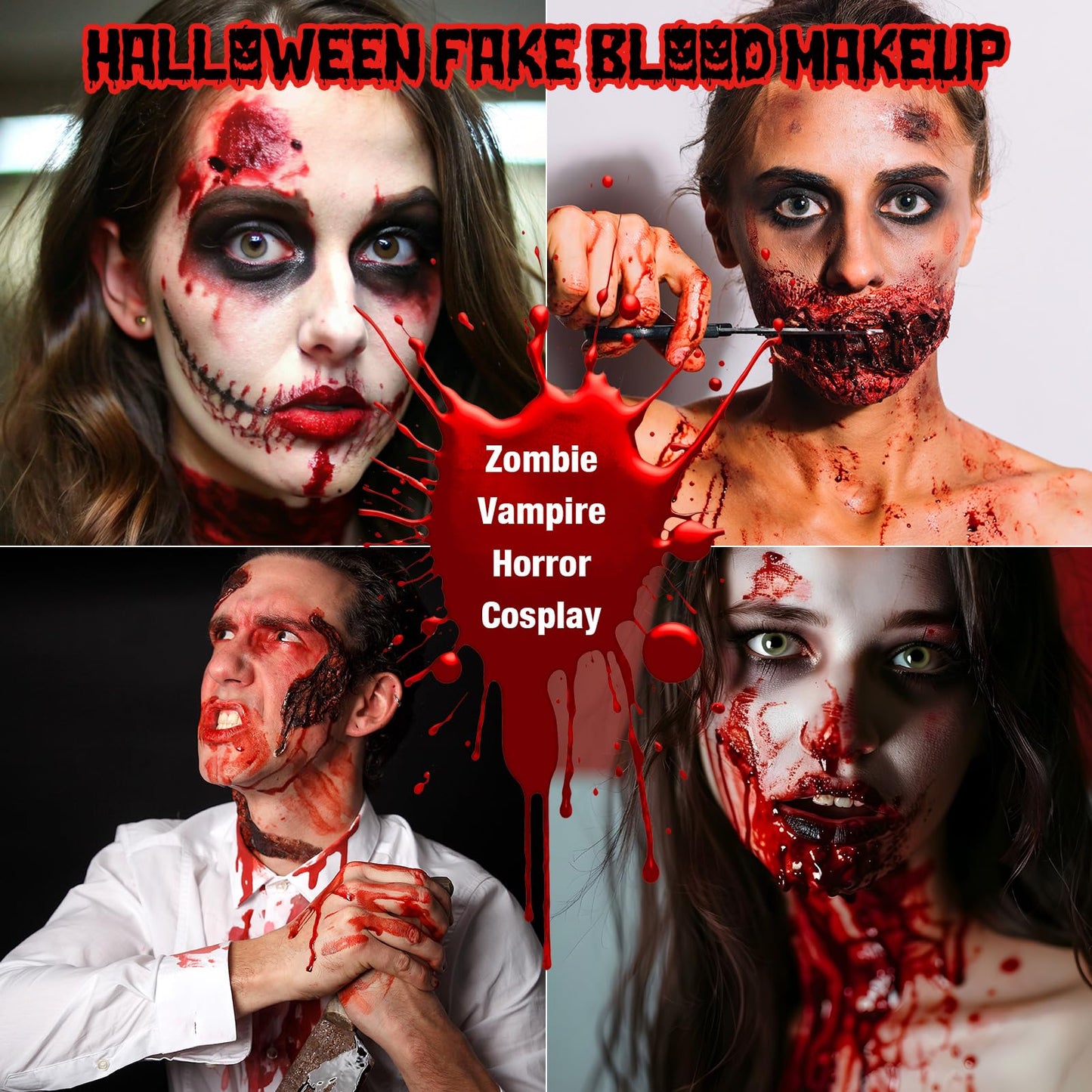 3PCS Halloween Fake Blood Kit, 2.03oz Fake Blood Spray and 2.03oz Dripping Blood and 1.06oz Coagulated Gel Blood, Realistic Washable Fake Blood Makeup for Zombie Vampire Monster Cosplay & Dress Up