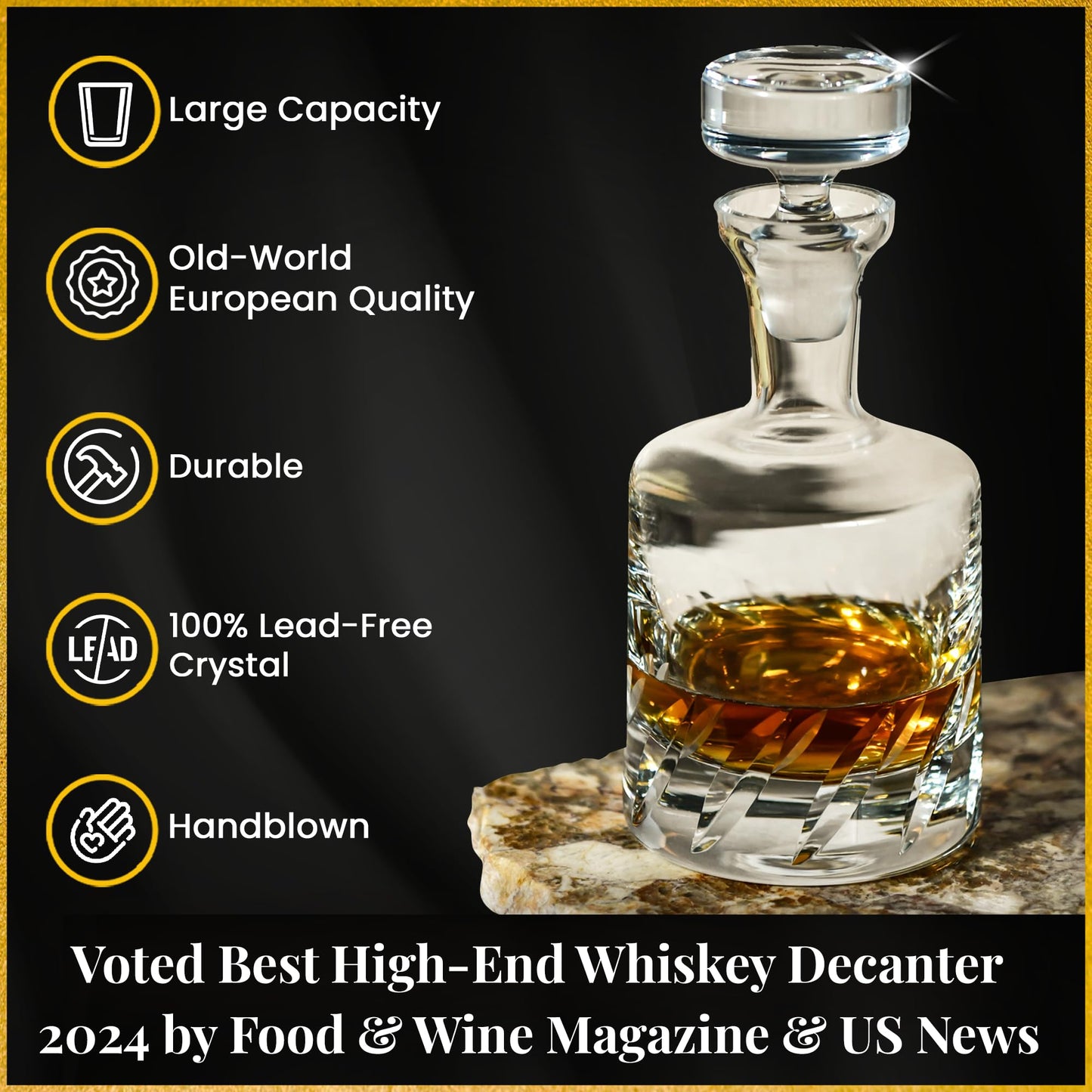 Voted Best High-End Whiskey Decanter 2024 by Food & Wine Magazine | Made in Europe | Hand-Blown Beveled Blade Decanter | 34 Fl. Oz | 100% Lead-Free Crystal | Gift Box | Elegant Design