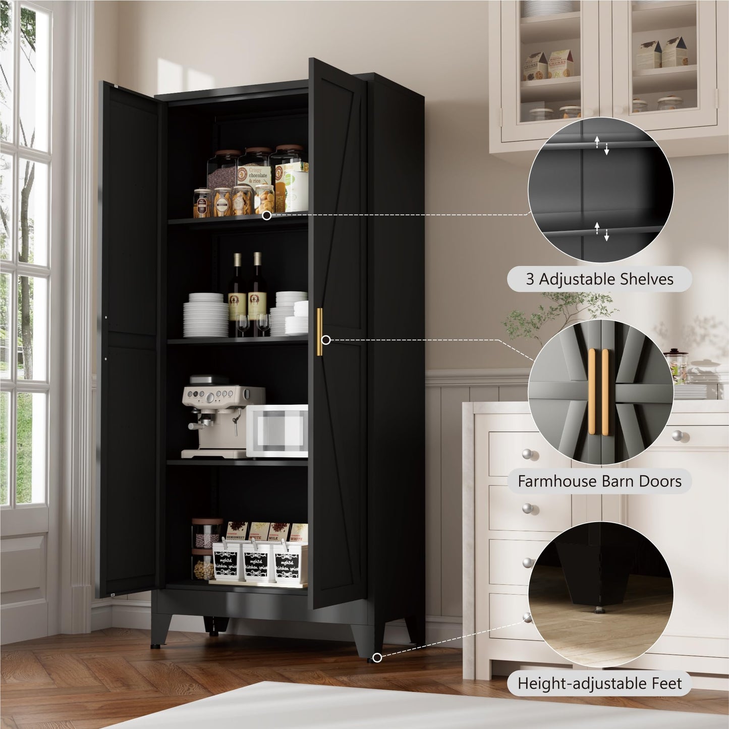 61" Kitchen Pantry Cabinet, Farmhouse Metal Storage Cabinet with 2 Doors and 3 Adjustable Shelves, Metal Pantry Closet Cabinets for Kitchen Bathroom, Home Office, Living Room