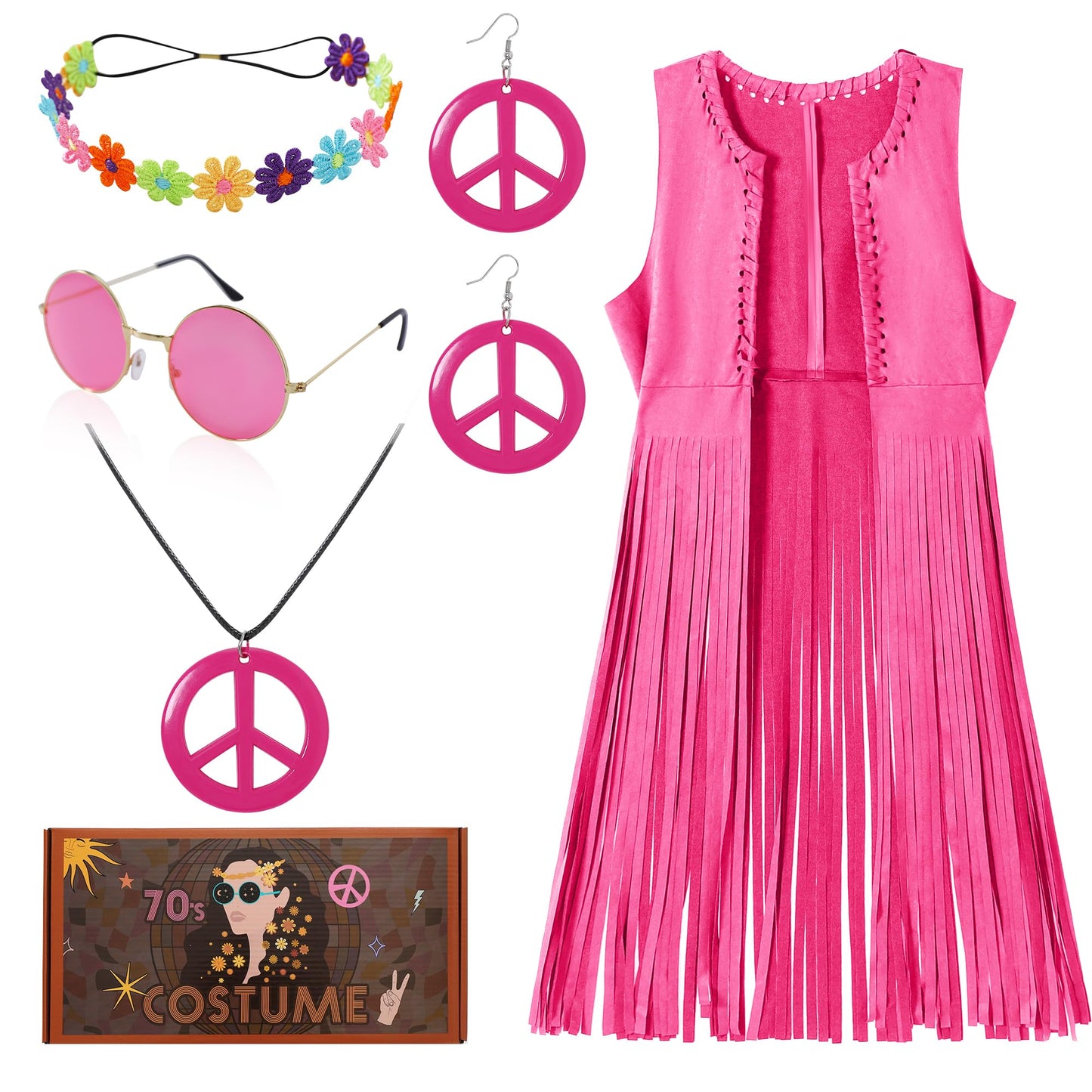 70 s Outfit for Women Brown Fringe Vest Hippie Sunglasses Headdress Necklace and Earring for Disco Party Halloween Costume Women(Brown,M)