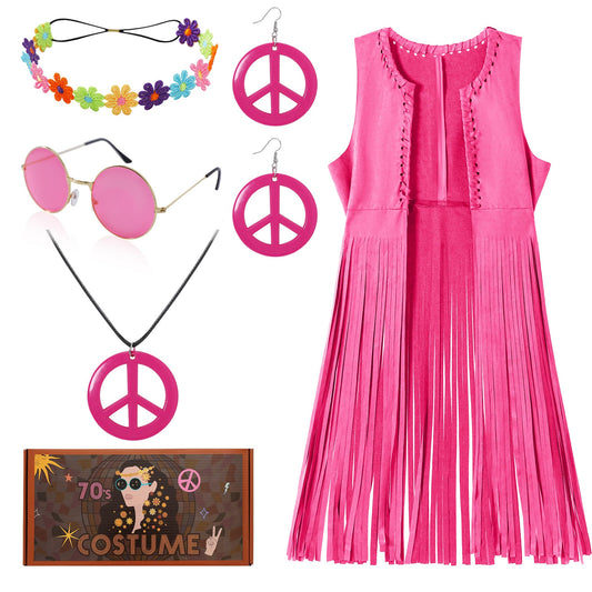 70 s Outfit for Women Brown Fringe Vest Hippie Sunglasses Headdress Necklace and Earring for Disco Party Halloween Costume Women(Brown,M)