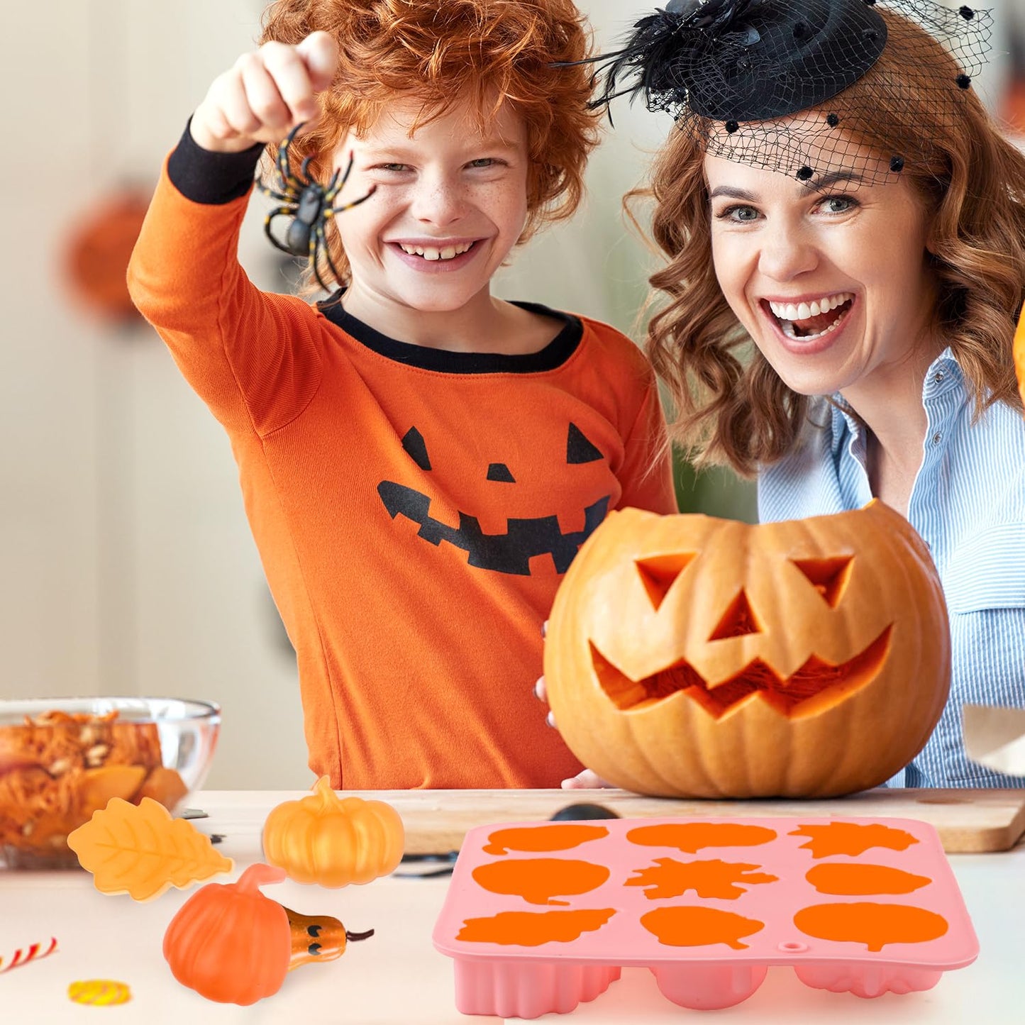 2pcs Halloween Silicone Molds, 3D Halloween Thanksgiving Candy Molds Fall Maple Leaf Pumpkin Molds for Baking Making Chocolate Dessert Gummy Jelly Cupcake Topper Decoration