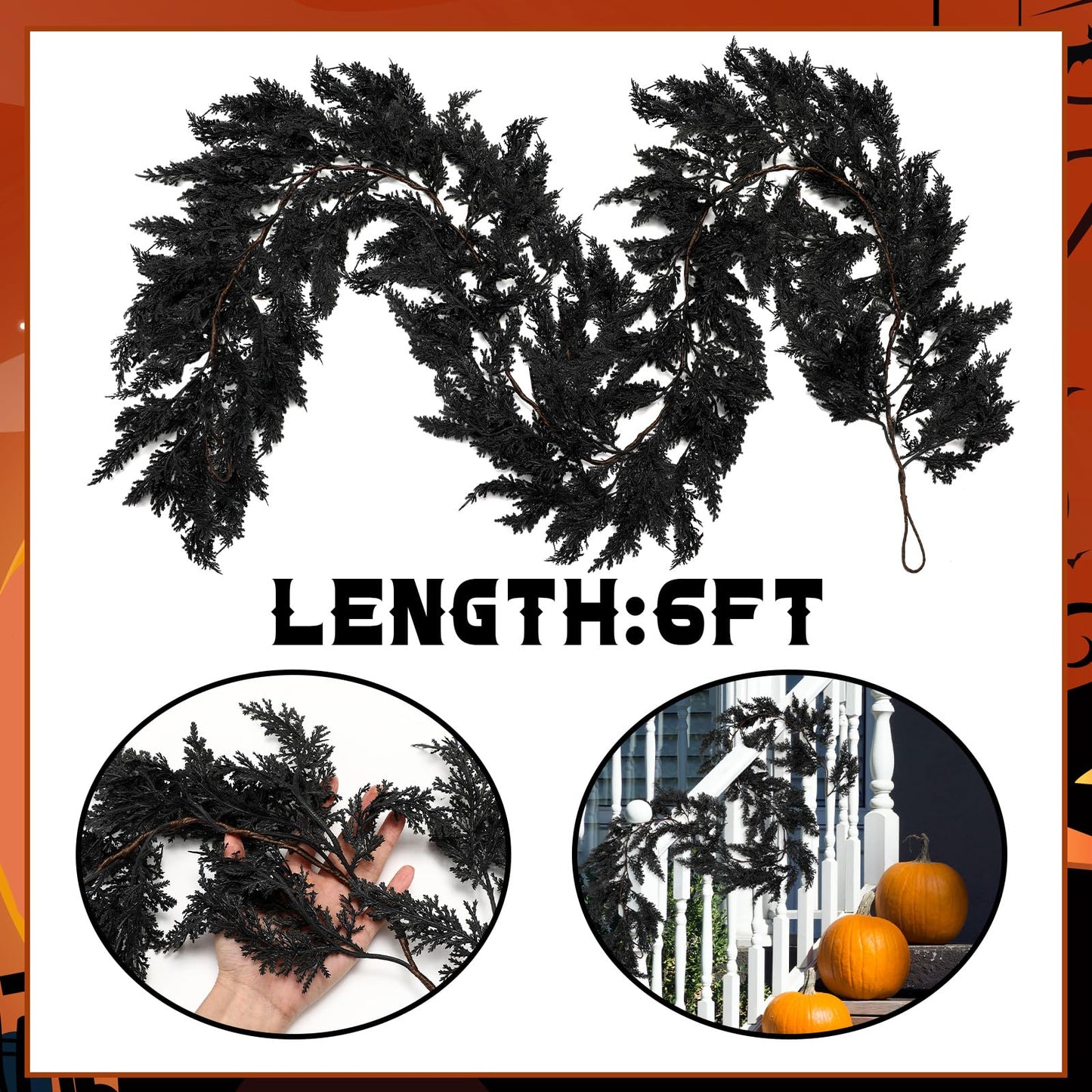 XunYee Black Halloween Garland 6 Feet Cedar Garland Artificial Faux Trailing Realistic Summer Halloween Hanging Vine Twigs for Thanksgiving Party Mantel Fireplace Wedding Outdoor Indoor Home Decor