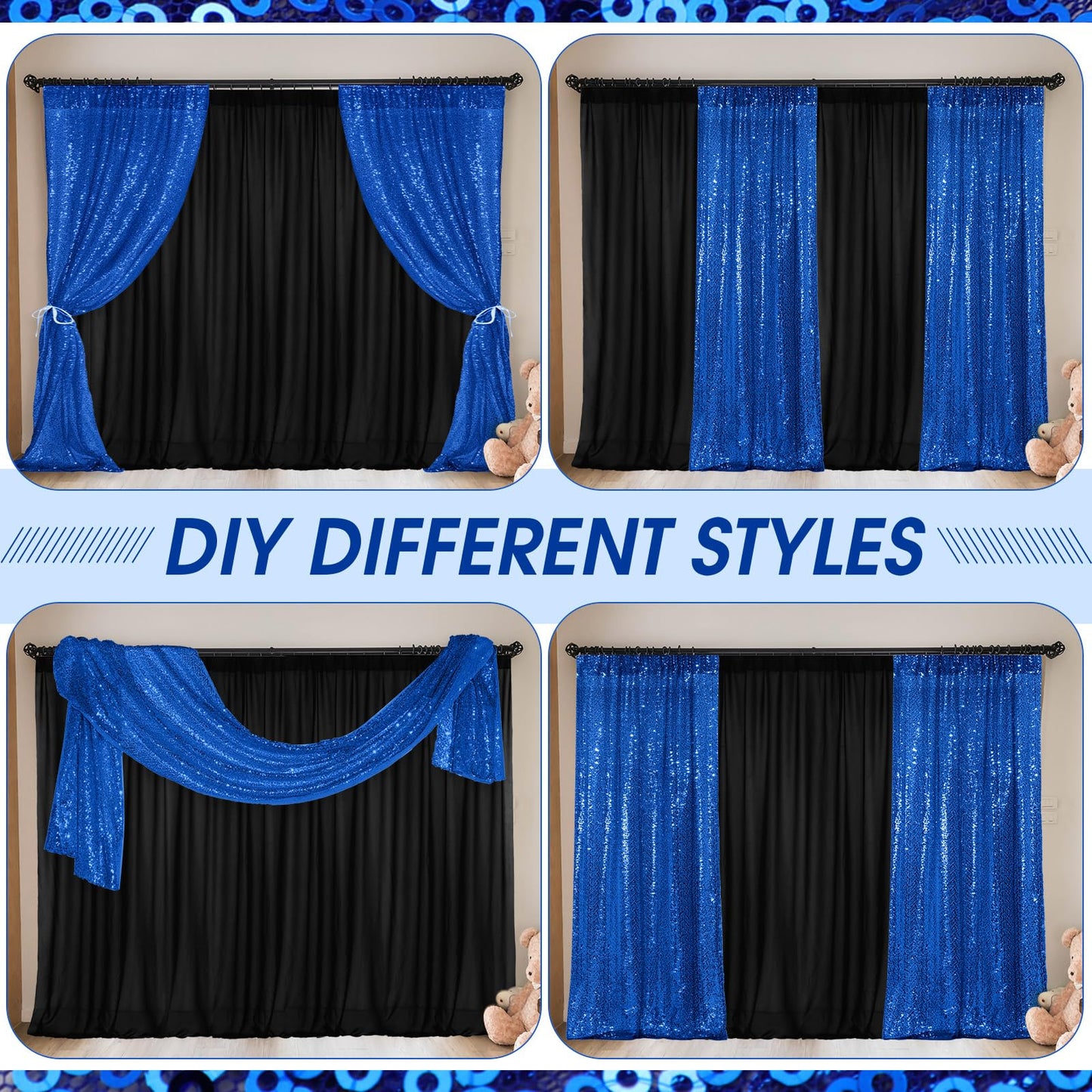 VitalCozy 4 Panels Backdrop Curtains 2 Pcs 4 x 10 ft Sequin Glitter 2 Pcs 7 x 10 ft Chiffon Photo Background Curtains for Wedding Birthday Party Decorations(Black, Royal Blue)