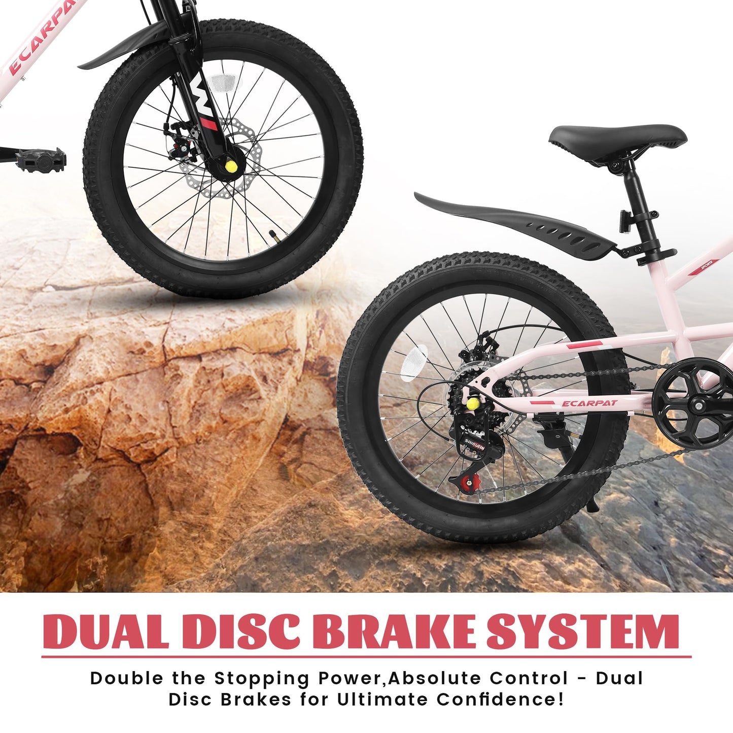 20 Inch Kids Mountain Bike for Boys Girls, 7-Speed Children Mountain Bike with Front Suspension, Dual Disc Brakes and Fender, Steel Frame Kids Bicycle for Ages 6-12 Years Old Birthday Gift, Pink