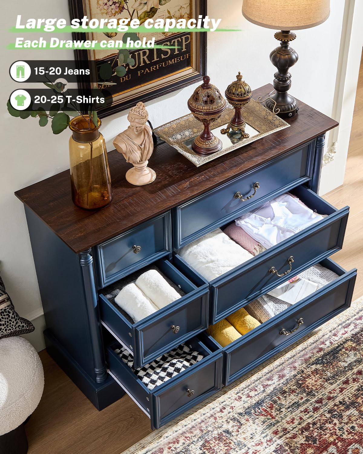 6 Drawers Dresser, Farmhouse Chest of Drawers with Charging Station, Refined Blue Finish Design, Modern Storage Dressers Organizer TV Stand for Bedroom, Living Room, Hallway, Indigo Blue