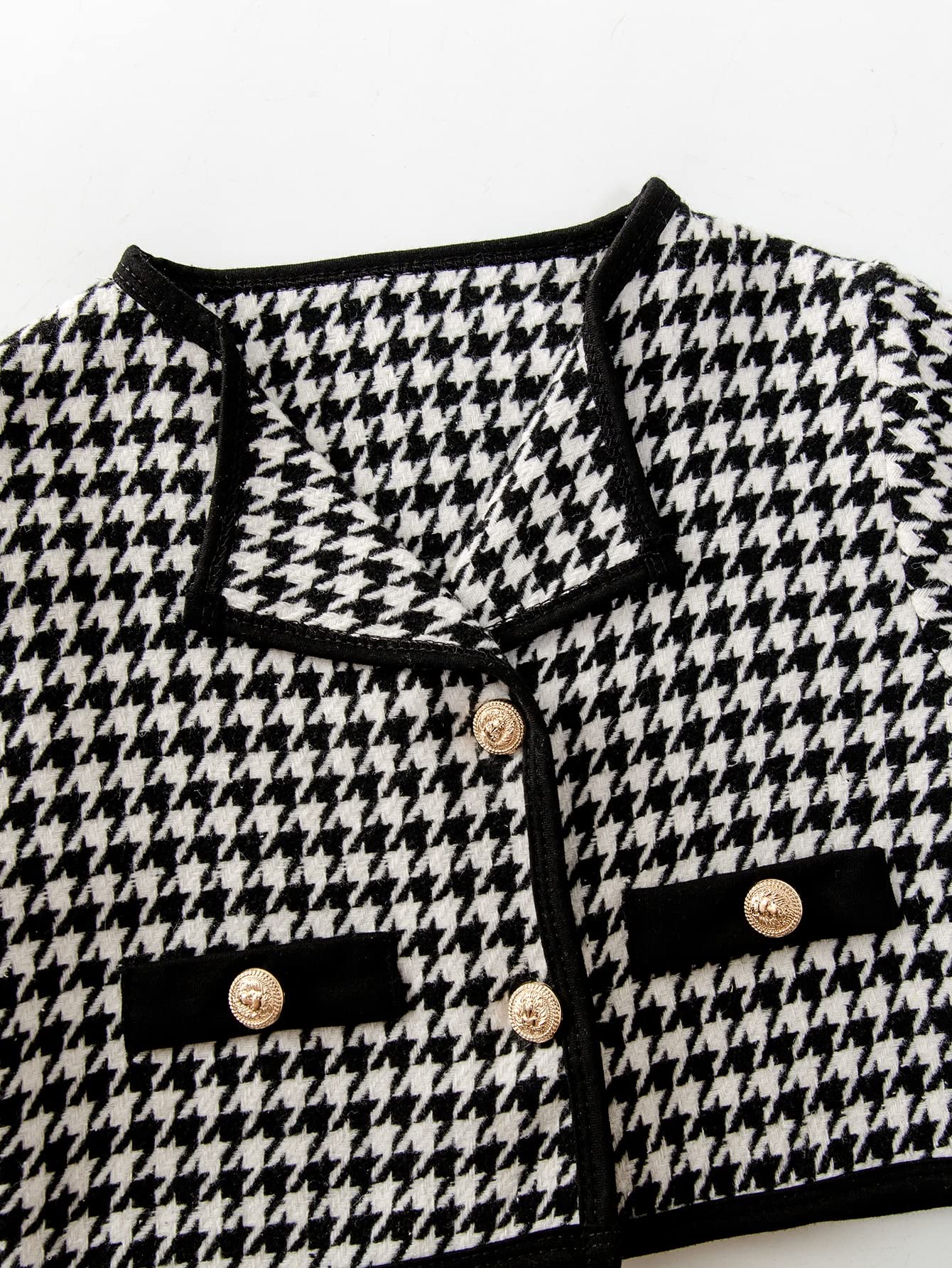 WDIRARA Toddler Girl's 2 Piece Houndstooth Button Front Long Sleeve Round Neck Jacket and Skirt Outfits Set Black and White 110